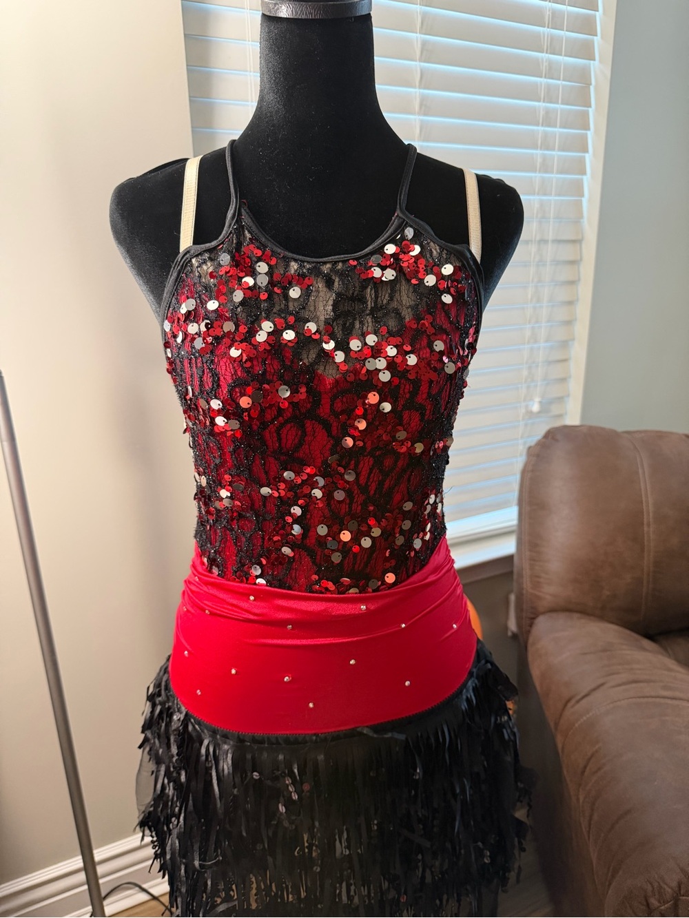 Adult medium Red & Black Sequin Lace Fringe dance performance dress. Solo Jazz.